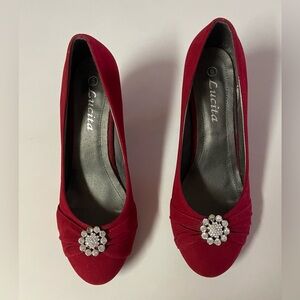Lucita Elegant Red Heels with Crystal Detail